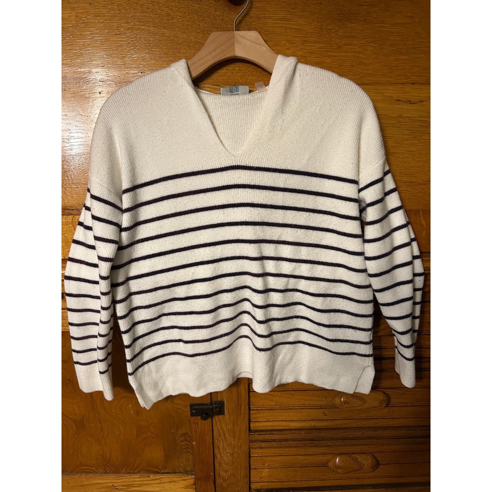Tahari Nautical Preppy Classic Striped Hooded V-Neck Sweater White Navy Small